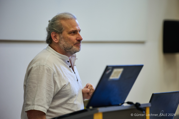 Michael Grampp, Head of Development of the Business Unit Automation at esmo AG, giving a presentation at AALE 2026 at TH Rosenheim.