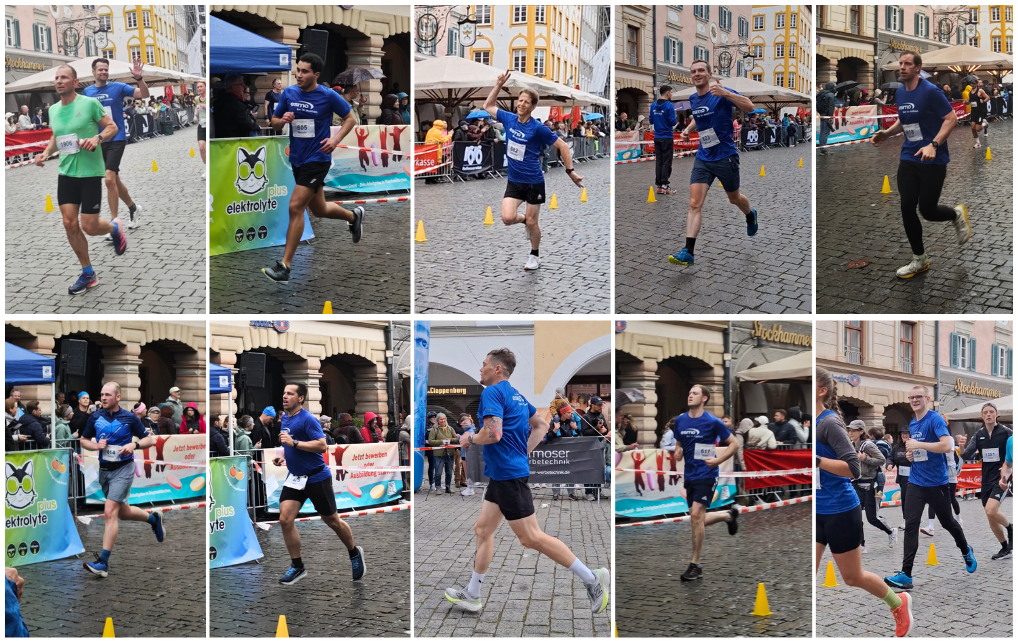 	Fotocollage vom Rosenheimer Citylauf (19. April 2026): mehrere esmo-Läufer auf der Strecke in der Rosenheimer Altstadt sowie das Veranstaltungsplakat in der Mitte.