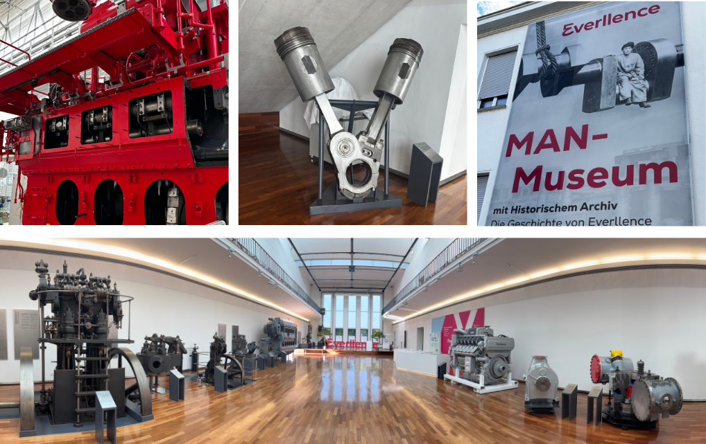 Collage mit dem Eingangsschild des MAN Museums und roten Bauteilen eines großen Motors.