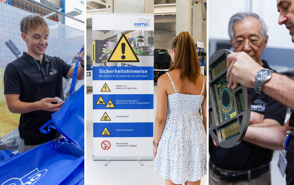 Collage showing an employee, safety information and technical insights at esmo AG’s Open House.