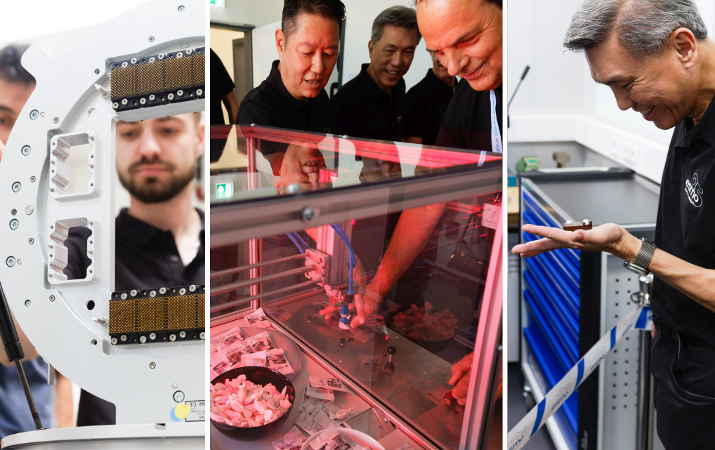 Collage showing technical components, a system demonstration and an employee during the Open House.