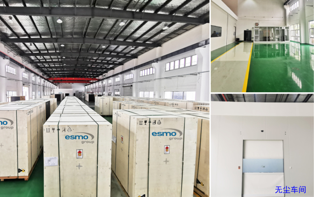 Blick in die neue esmo-China-Produktionsstätte mit Versandkisten und Reinraum-Bereich für präzise ATE- und Prober-Lösungen.