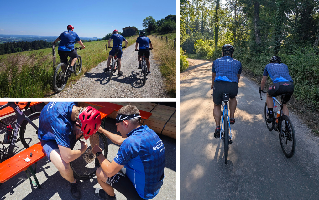 Impressionen vom Rosenheimer Radmarathon 2025: Gravel-Team auf Tour, Reifenreparatur und Fahrt durch den Wald