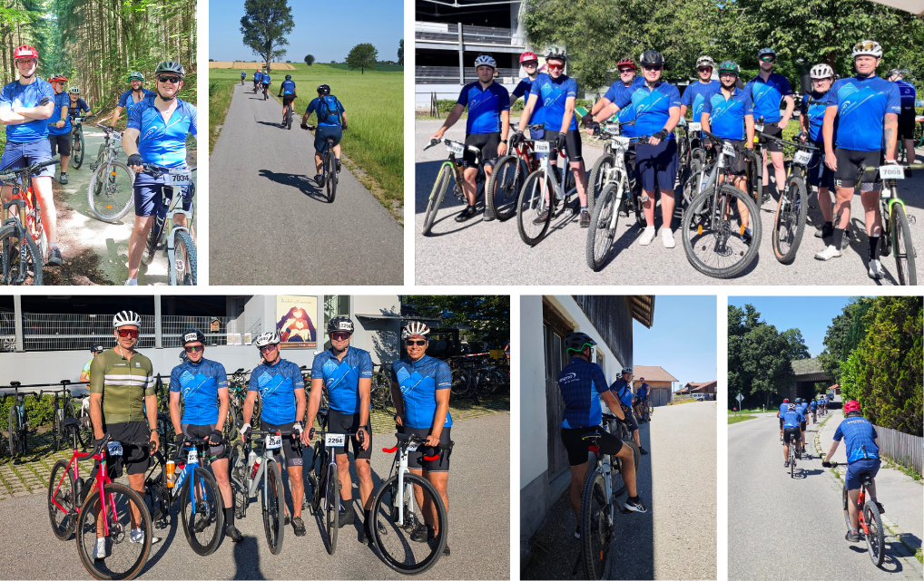 Verschiedene Gruppen von esmo Mitarbeitenden beim Start und auf der Strecke des Radmarathons 2025