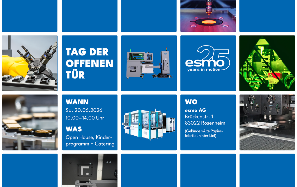 Kachelgrafik zum Tag der offenen Tür 2026 bei der esmo AG in Rosenheim mit Termin, Adresse, Programm und Motiven aus Technik und Maschinenbau