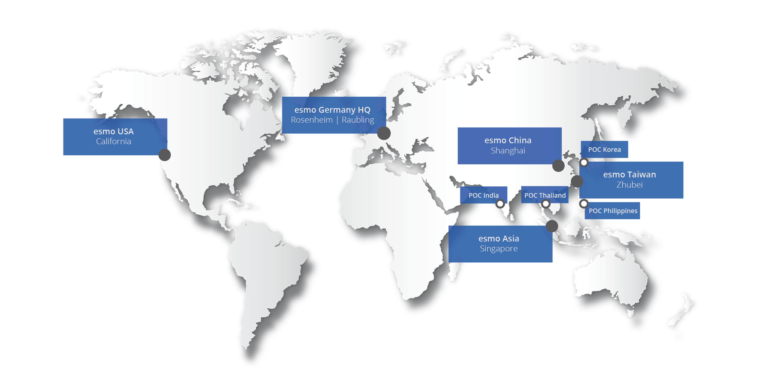 Weltkarte mit internationalen Standorten der esmo Gruppe in Deutschland, USA, China, Taiwan und Singapur