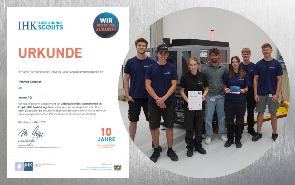 Collage featuring the certificate for ten years of IHK Ausbildungsscouts and a group photo of esmo apprentices.