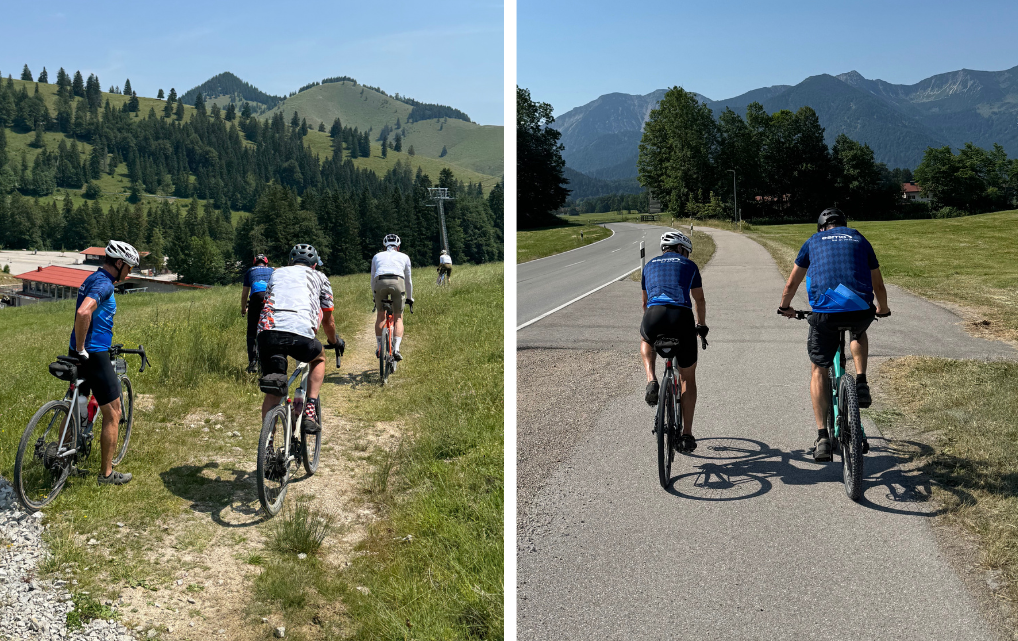 Unterwegs auf Gravel und Rennrad Collage: Teilnehmende fahren auf einem Schotterweg bergauf und auf einer Straße Richtung Berge beim Rosenheimer Radmarathon 2026.