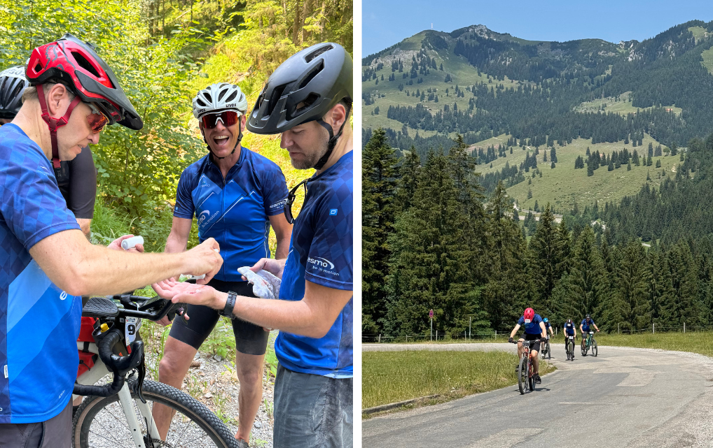 Teamwork und Sicherheit auf der Strecke Collage: Team leistet Erste Hilfe an einer Hand am Streckenrand und Radfahrer fahren durch bergige Landschaft beim Rosenheimer Radmarathon 2026.