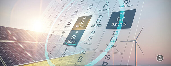 Solarmodule und eine Windkraftanlage vor dem Hintergrund eines Periodensystems der Elemente.