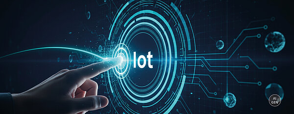 Finger berührt eine digitale IoT-Schnittstelle vor einem leuchtenden Leiterplattenmuster.