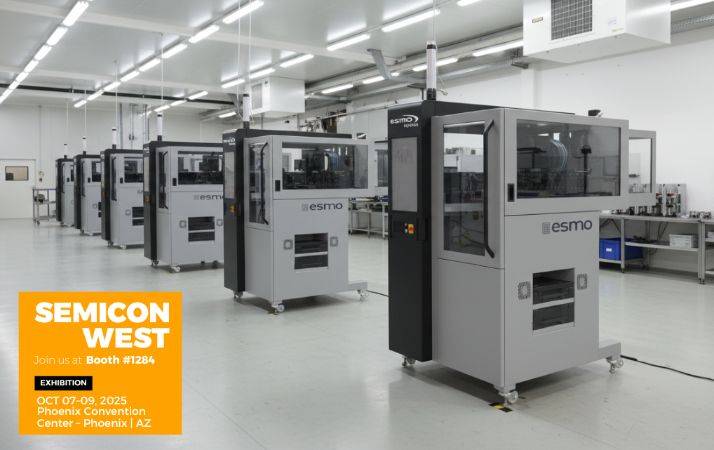 Multiple apollo Quad Handler systems by esmo semicon in production environment – scalable test handling, presented at SEMICON West 2025.