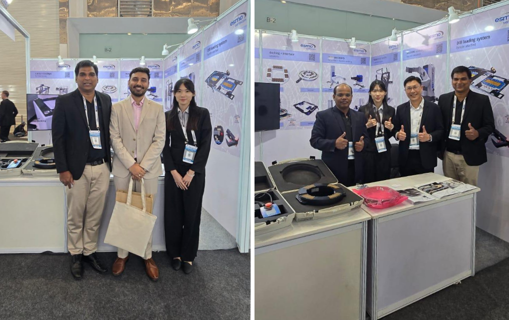 Besucher und esmo semicon Teammitglieder am Messestand auf der SEMICON India 2025 in Neu-Delhi