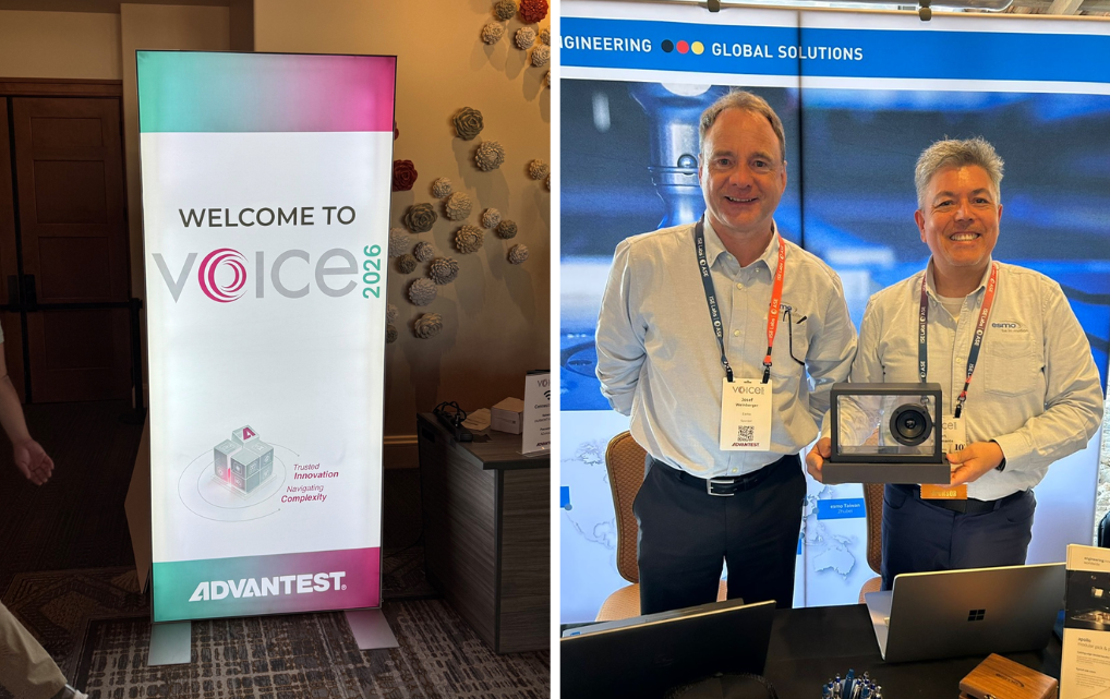 esmo semicon team at the ADVANTEST VOICE 2026 booth in Scottsdale – Josef Weinberger and Bert Bustamante presenting handling solutions for the semiconductor industry
