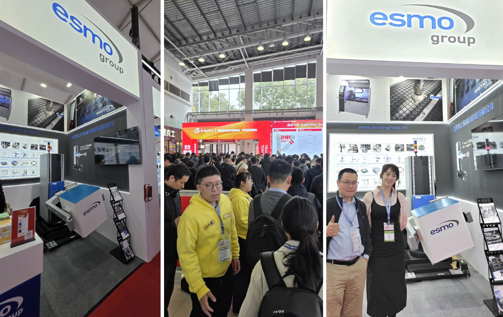 Großer Besucherandrang am esmo-Stand auf der SEMICON China 2026 in Shanghai – im Hintergrund der Titan ATE-Manipulator (1100 kg Traglast) und esmo-Produktpräsentationen