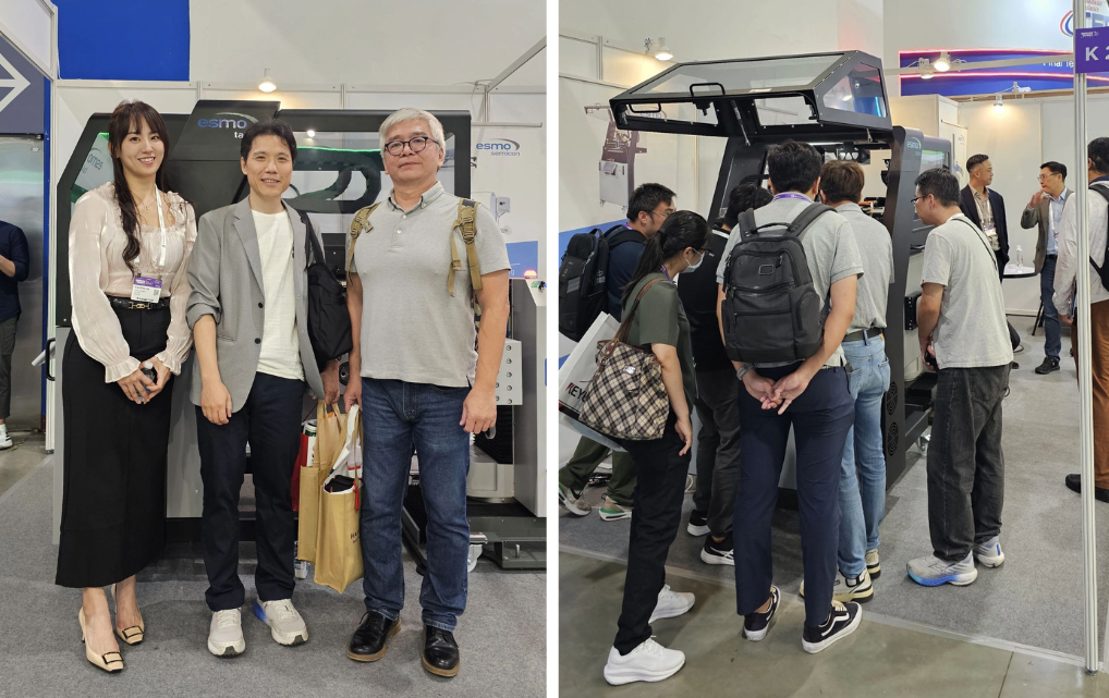 Besucher verfolgen eine Live-Vorführung des esmo talos Engineering-Handlers und des ares evo Manipulators auf der SEMICON Taiwan 2025.