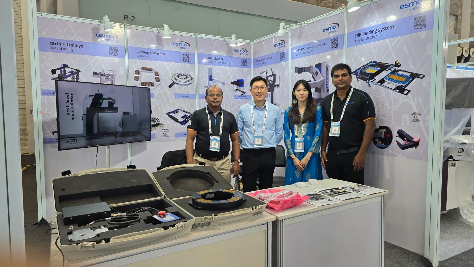 esmo semicon team at SEMICON India 2025 booth – showcasing talos handler, ares evo manipulator, and flexible docking solutions.
