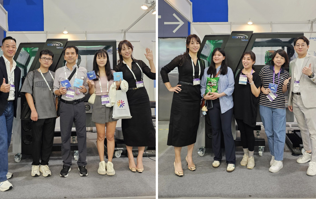 Besucher am esmo semicon Stand K2050 auf der SEMICON Taiwan 2025 vor dem talos Engineering-Handler.