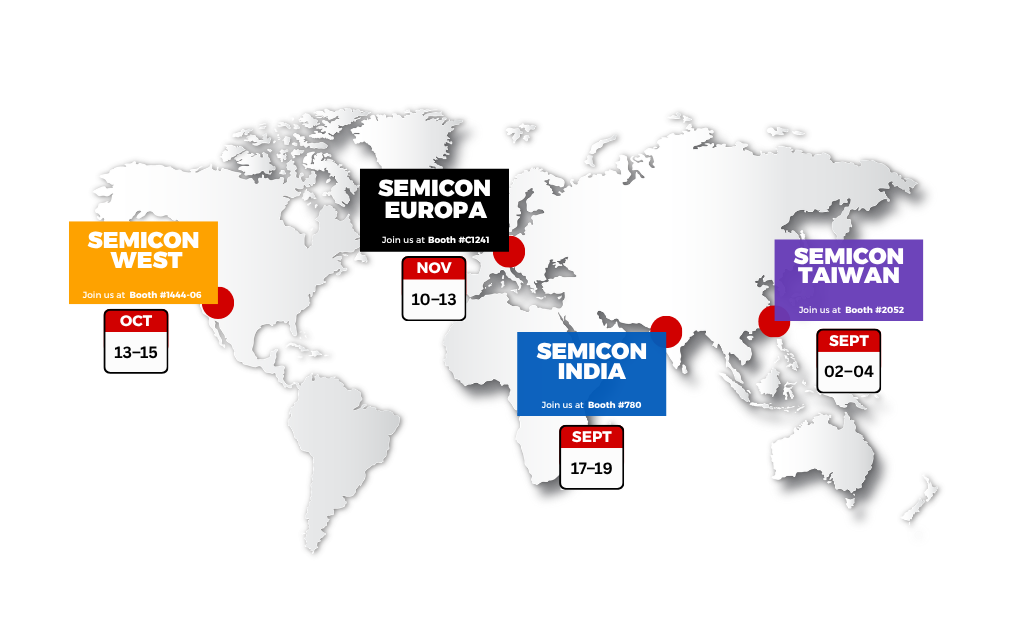World map showing esmo semicon’s four trade show appearances: SEMICON Taiwan in Taipei, SEMICON India in Delhi, SEMICON West in San Francisco and SEMICON Europa in Munich, including dates and booth numbers.