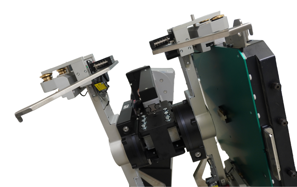 esmo x-change cart – gripper head detail view showing rotation axis, laser distance sensor, and mounted Device Interface Board (DIB)
